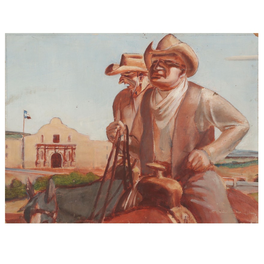 Folk Art Oil Painting of Cowboys Astride Horses, Mid-Late 20th Century