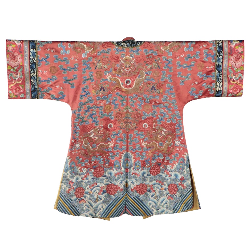 Chinese Five-Clawed Dragon and Bat Embroidered Jifu Robe, Qing Dynasty Period