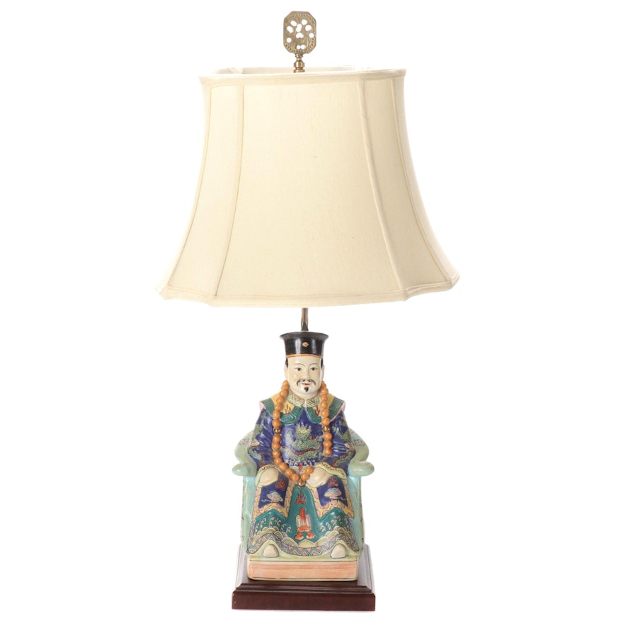 Chinese Hand-Painted Ceramic Emperor Figurine Table Lamp, Late 20th Century