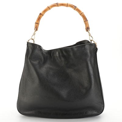 Gucci Bamboo Convertible Shoulder Bag in Black Calfskin Leather with Strap