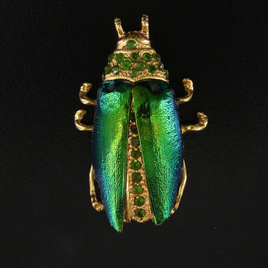 Sterling Beetle Brooch Featuring Beetle Elytra, Diopside and Rubies