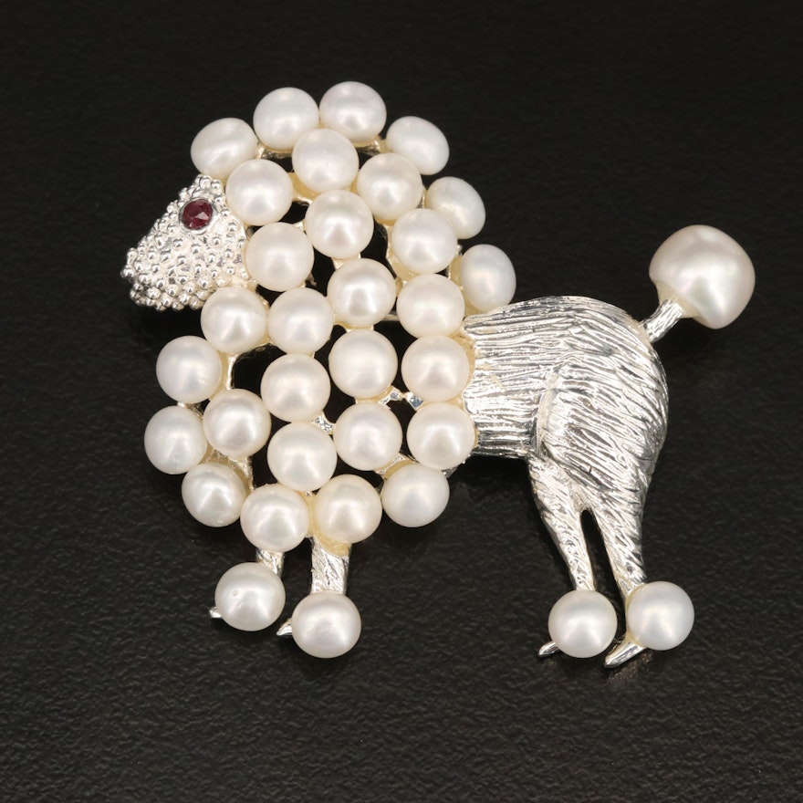 Sterling Poodle Brooch with Pearl and Garnet