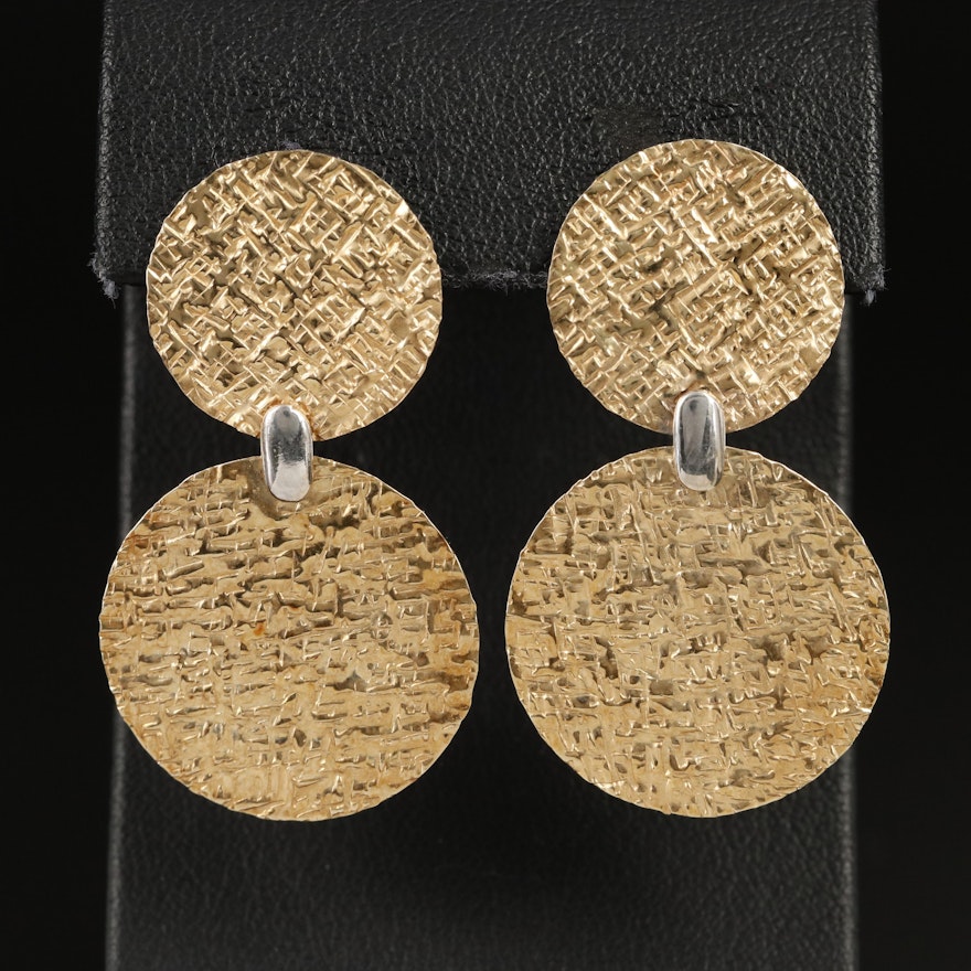 Italian 14K Textured Disk Earrings with White Gold Accents