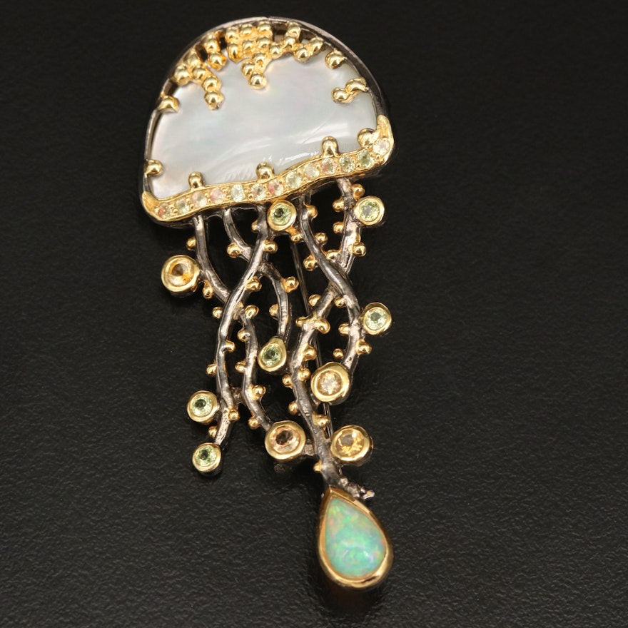 Sterling Jellyfish Converter Brooch with Mother of Pearl, Opal and Citrine
