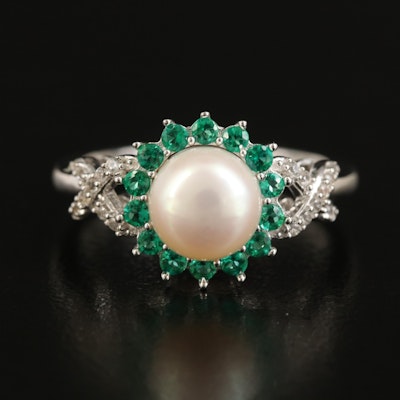 Sterling Pearl, Emerald and Sapphire Ring