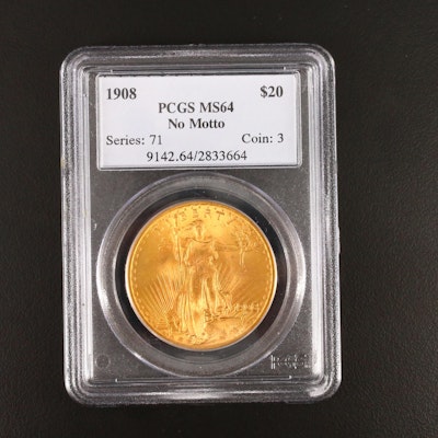 PCGS MS64 1908 No Motto $20 Saint-Gaudens Gold Double Eagle