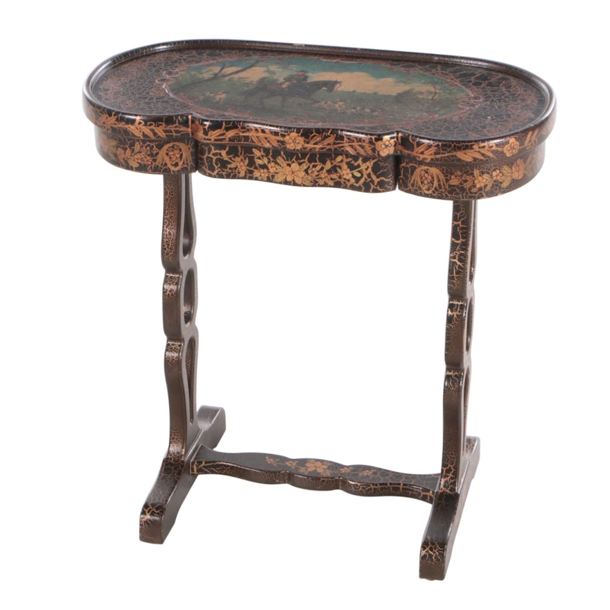 Victorian Style Ebonized, Parcel-Gilt, and Transfer-Decorated Side Table