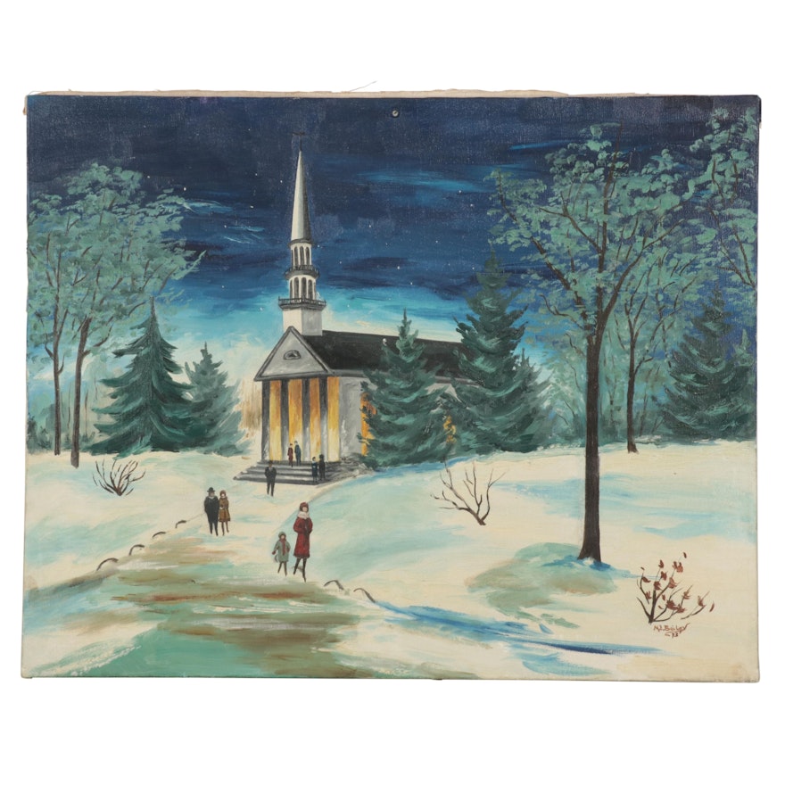 M. L. Bailey Folk Art Oil Painting of Winter Landscape, 1973
