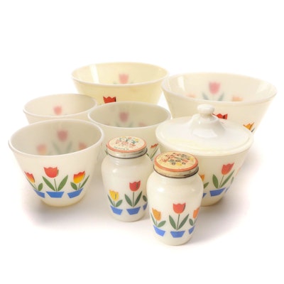 Anchor Hocking "Tulips on Ivory" Mixing Bowls, Shakers and Drip Jar, Mid-20th C.