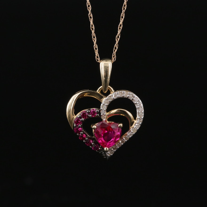 10K Ruby and Diamond Heart Pendant Necklace