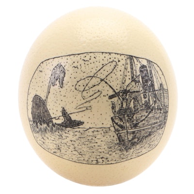 Hand-Painted Scrimshaw Whaling Scene Ostrich Egg