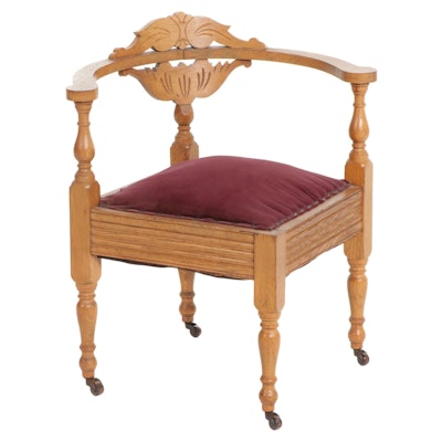 Late Victorian Oak Velvet-Upholstered Corner Armchair on Casters
