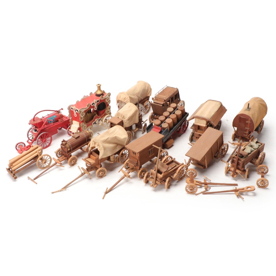 Hand-Crafted Wooden Wagon Toys, Mid-20th Century