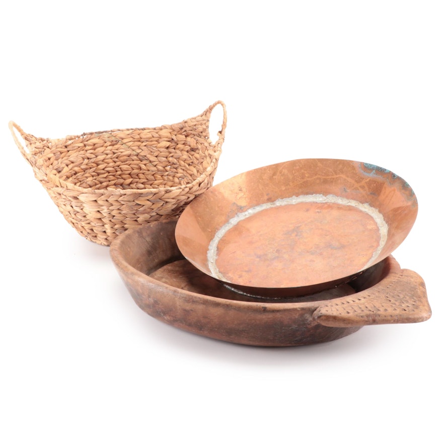 Hand-Carved Parat Wood Bowl with Copper Bowl and Woven Seagrass Basket