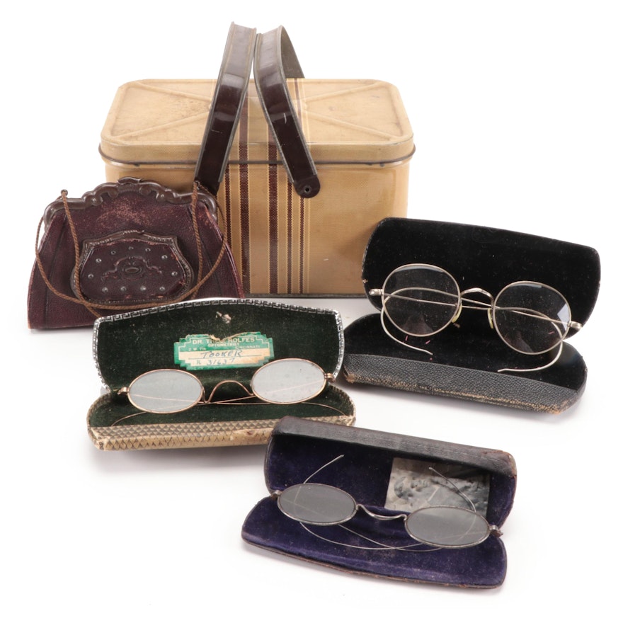 Wire Rimmed Spectacles, Tin Lithograph Lunchbox and Leather Handbag