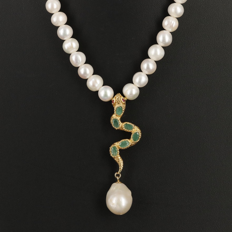 Sterling Pearl, Emerald and Ruby Snake Pearl Necklace