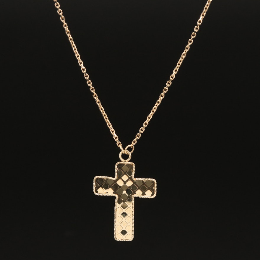 14K Diamond Cut Design Cross Pendant Necklace
