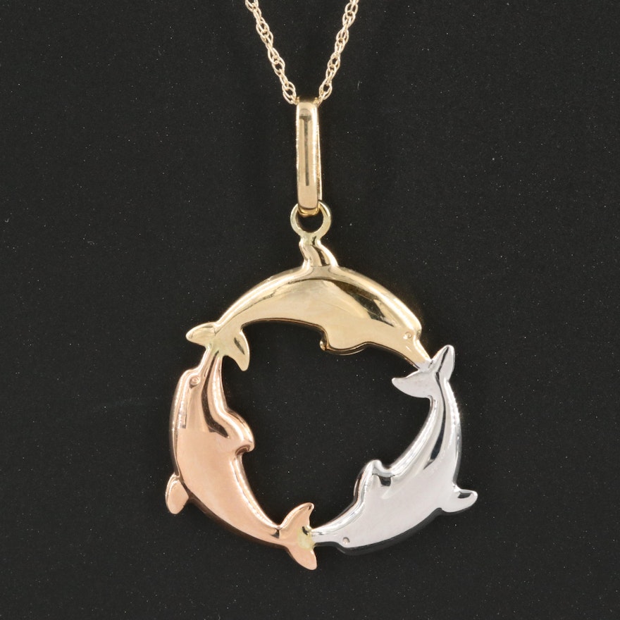 14K Tri-Color Gold Dolphin Pendant Necklace