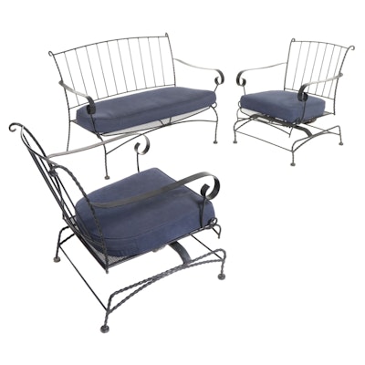 Iron Loveseat and Pair of Rocking Lounge Chairs, Late 20th Century