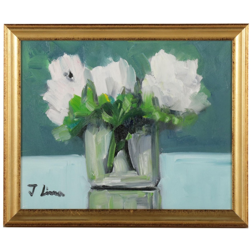 José M. Lima Still Life Oil Painting of White Flowers, 2022
