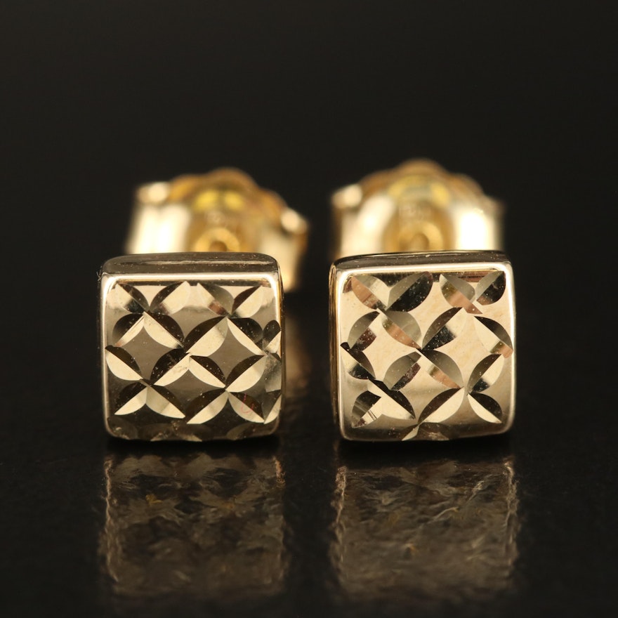10K Diamond Cut Square Stud Earrings