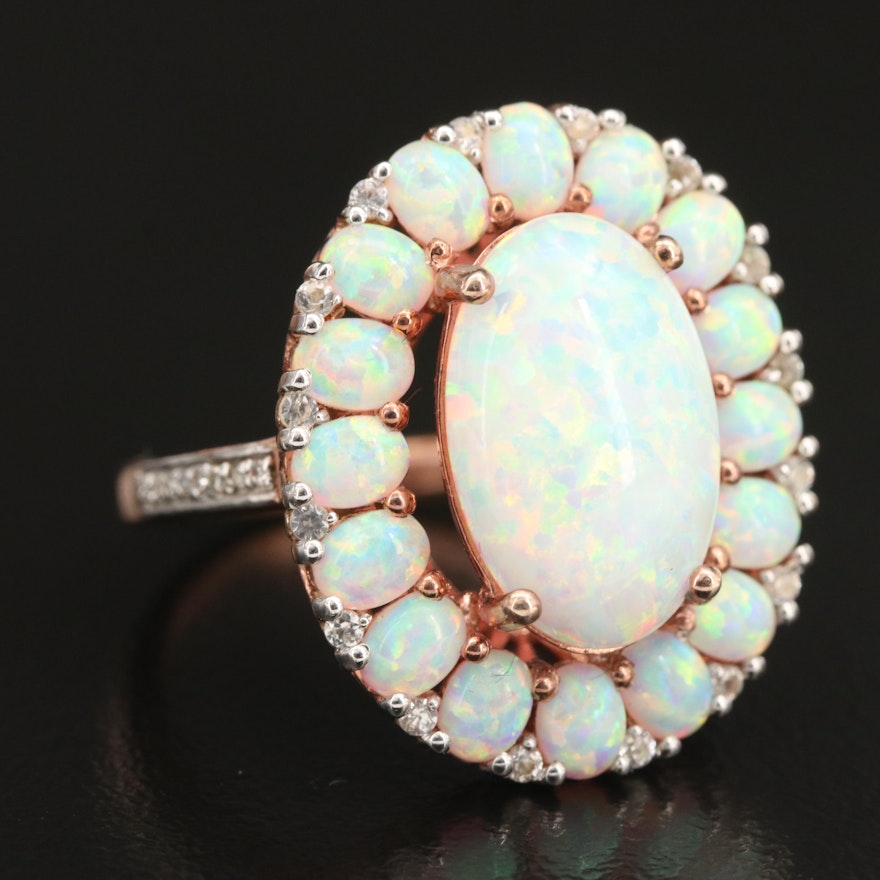 Sterling Opal, Diamond and White Sapphire Halo Ring