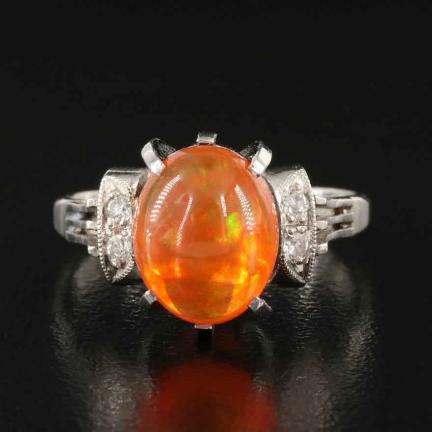 Vintage Platinum Fire Opal and Diamond Ring