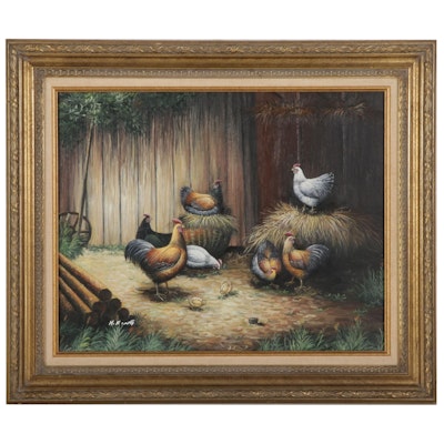 H. King Oil Painting of Chickens in Farmyard, Late 20th-21st Century