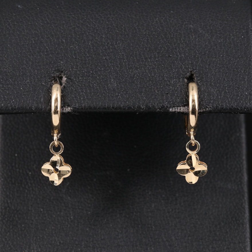 14K Huggie Hoop Earrings with Quatrefoil Drops