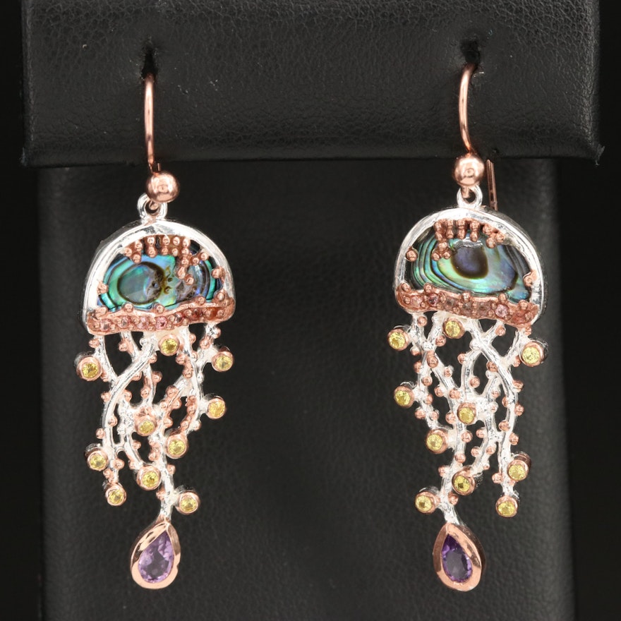 Sterling Jellyfish Earrings with Abalone, Amethyst and Sapphire