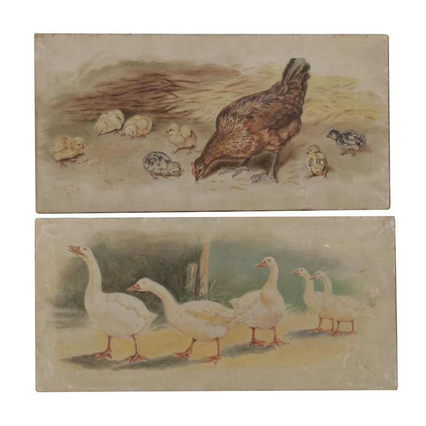 Folk Art Oil Paintings of Chickens and Ducks, Early-Mid 20th Century