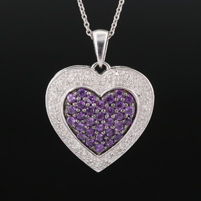 Sterling Pavé Amethyst and Diamond Heart Pendant Necklace