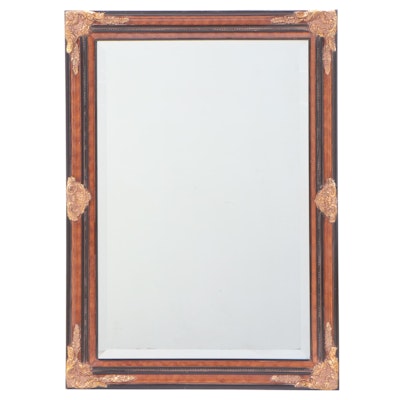 Victorian Style Burl Wood, Ebonized and Parcel-Gilt Finish Framed Beveled Mirror