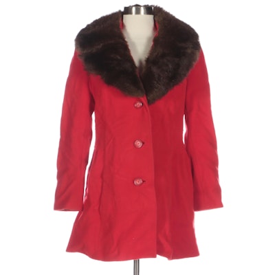 Red Wool Button-Front Peacoat with Australian Possum Fur Collar by Fashionbila