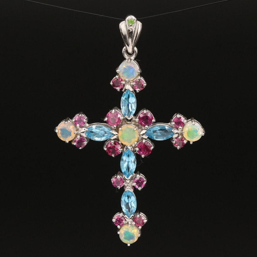 Sterling Cross Pendant with Sky Blue Topaz, Opal and Garnet