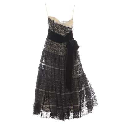 Black Lace Overlay Strapless Occasion Dress with Velveteen Bow Sash, 1950s