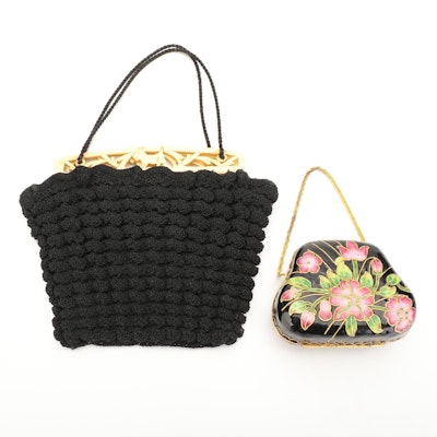 Crocheted Handbag with Resin Frame and Enameled Clutch Purse in Floral Design
