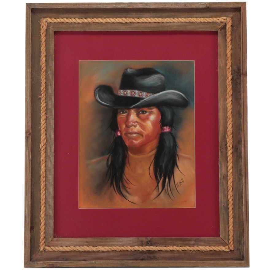 Marge Hill Oil Pastel Portrait Drawing of Native American, Late 20th Century