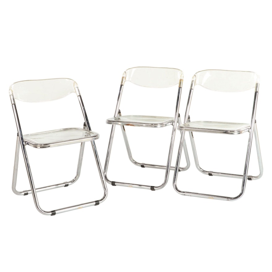 Three Modernist Chrome and Acrylic Folding Side Chairs, Late 20th Century