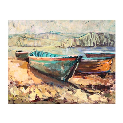 Agnes Rey Oil Painting "Boats on the Beach," 2022