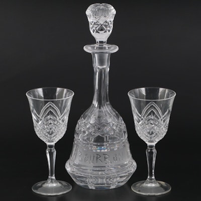 E & R Lead Crystal Bourbon Decanter with Cristal de Flandre Wine Glasses