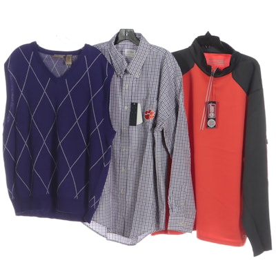 Men's Clemson University Check Button-Down, Argyle Vest, and Quarter-Zip Jacket