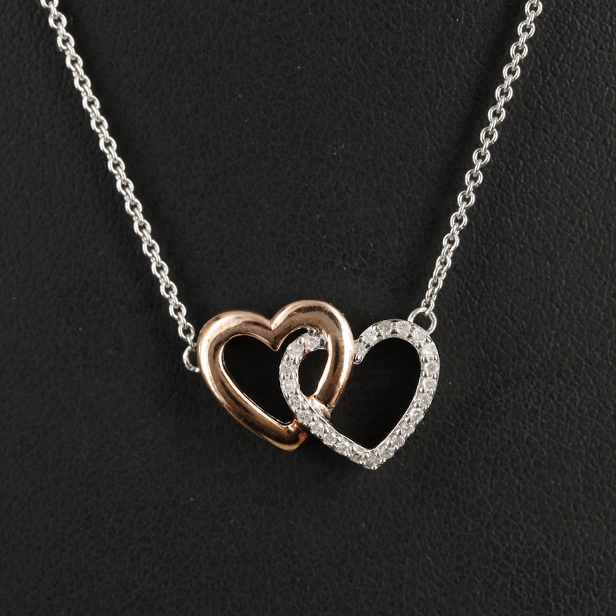 Sterling Diamond Double Heart Necklace with 10K Rose Gold Accents