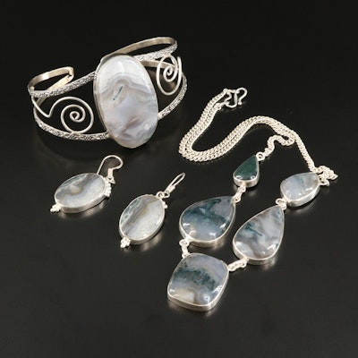 Sterling Moss Agate Necklace, Bracelet and Earrings