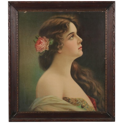Portrait Color Lithograph of Young Girl in Profile, Late 19th-Early 20th Century