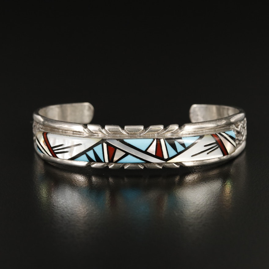Tommy Jackson Navajo Diné Inlay Cuff Including Mother of Pearl and Faux Coral