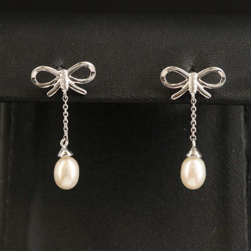 Sterling Pearl and Zircon Bow Earrings