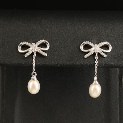 Sterling Pearl and White Sapphire Bow Earrings
