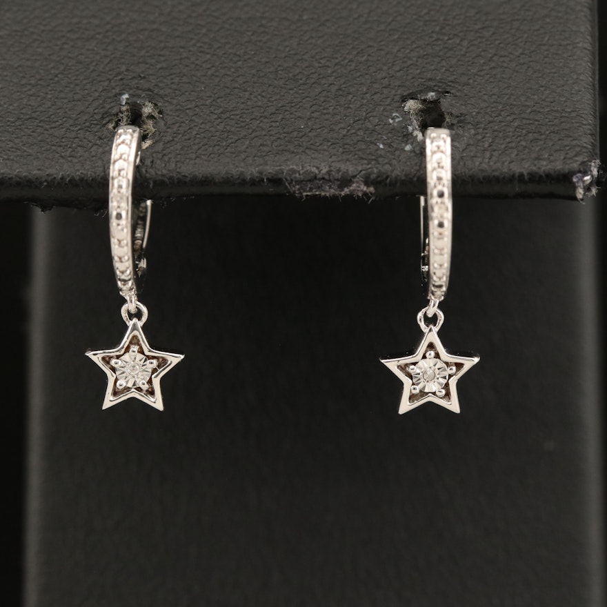 Sterling Diamond Star Drop Hoop Earrings