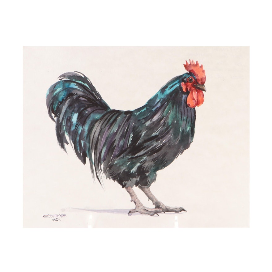 Ganna Melnychenko Watercolor Painting "Black Rooster," 2021